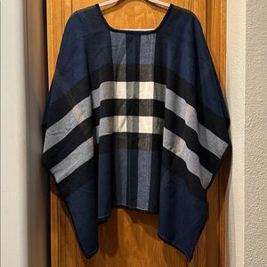 Double Faced Navy Gray Stripe & Plaid Cashmere/Wool Feel Poncho Cape Wrap OS